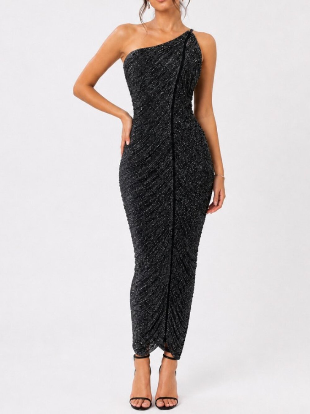 One Shoulder Black Metallic Knit Bandage Fringe Maxi Dress Gown
